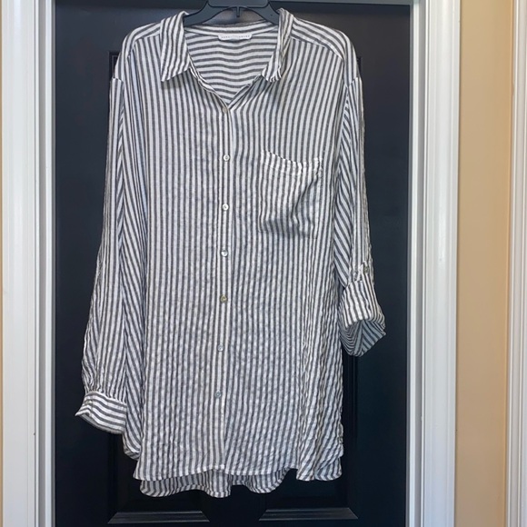 Jane + Delancey gray and white stripe button-down blouse size 2X - Picture 1 of 7